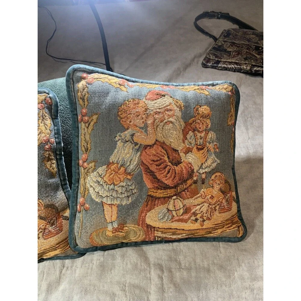 Vintage Needlepoint Tapestry~ Santa~ Child whispering~2 Blue Velvet Throw Pillow